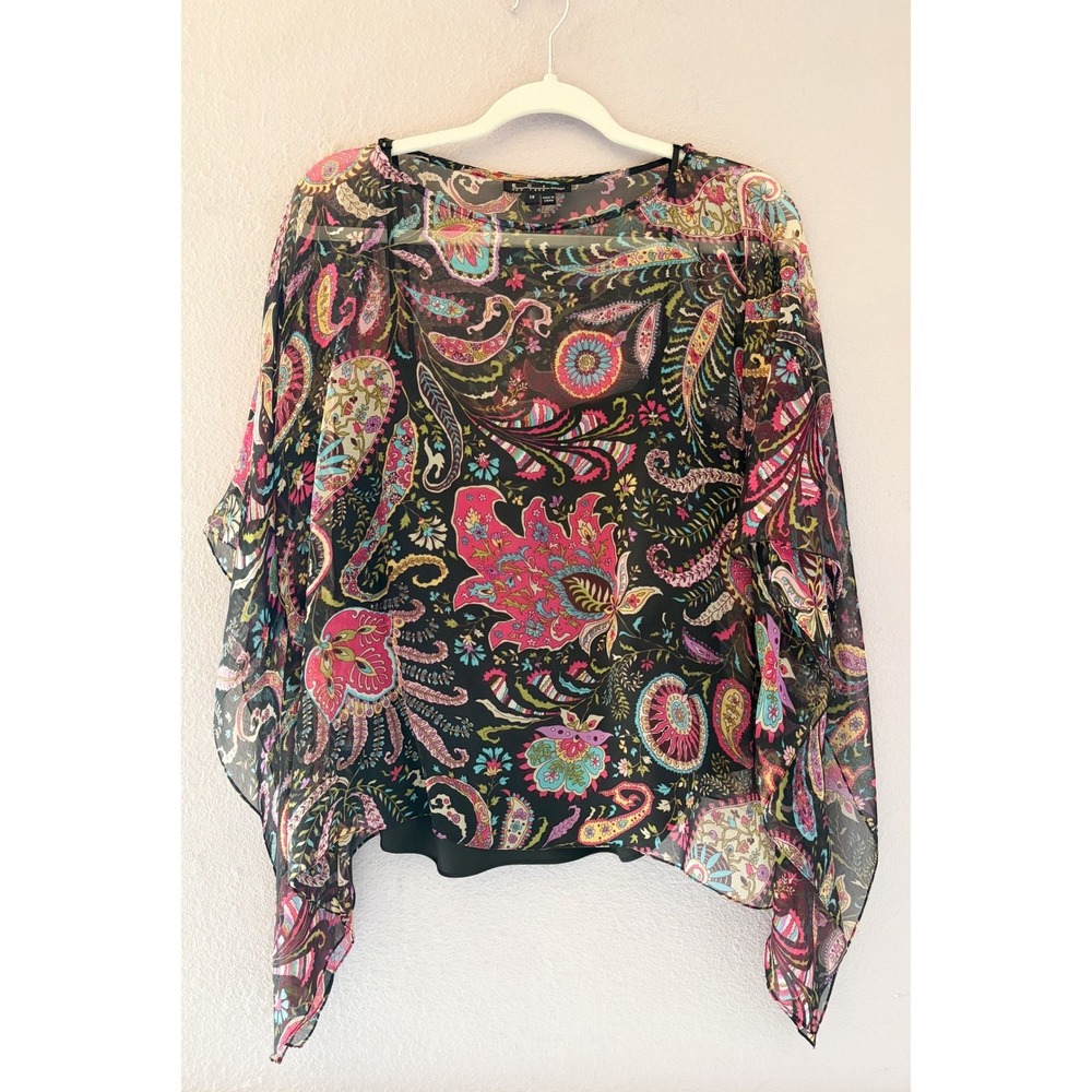 ECI New York‎ Y2K Woman 1X Silk Paisley Poncho Style Blouse Ethereal Colorful